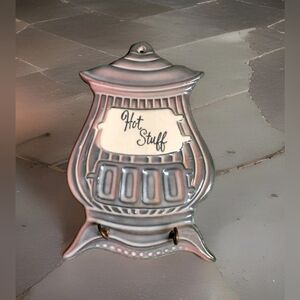 Vintage USA Pottery HOT STUFF Trivet Wall Hanging W/Hooks Pot Belly Stove